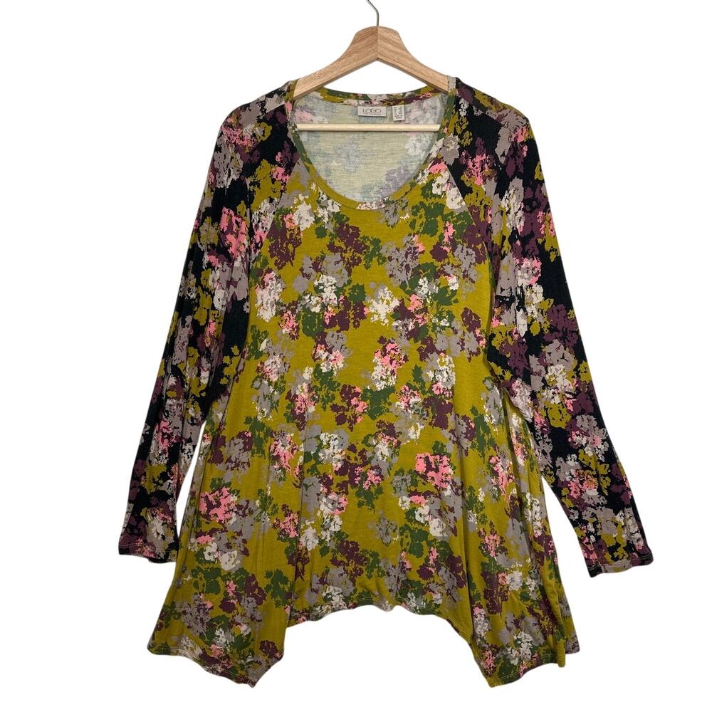 LOGO by Lori Goldstein Long Sleeve Knit Tunic Top Sz 1X Pockets Floral Abstract